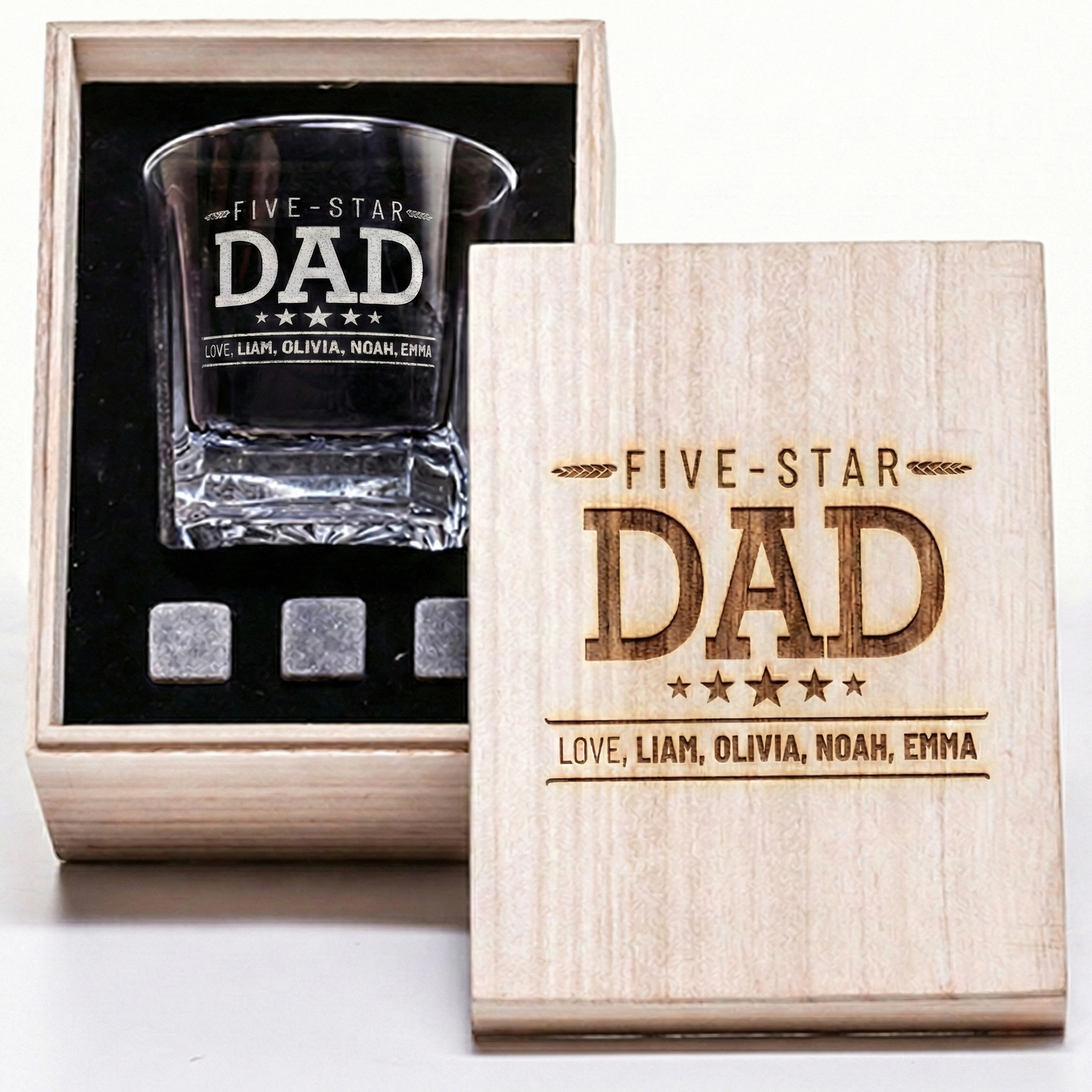 Personalized five-star dad whiskey glass gift set in engraved wooden box with whiskey stones