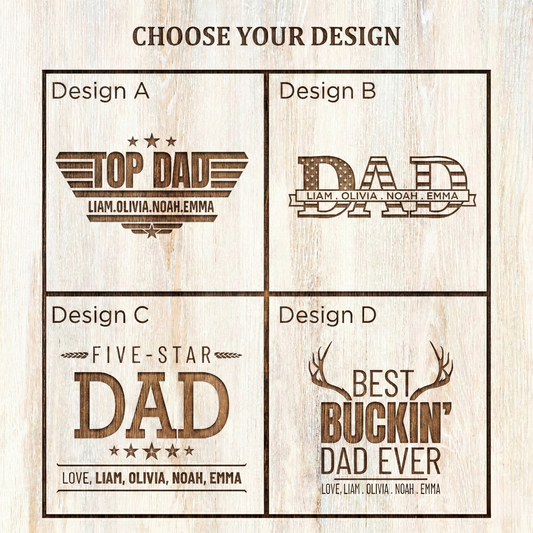 Four custom engraved wood designs for dad gifts, each featuring unique text and fonts.