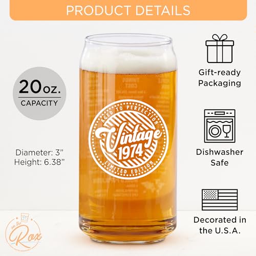50th Birthday Gifts For Men - Birthday Beer Gifts 20 Ounce 2-Sided Beer Can Glass (1 Count) - Vintage Glass for a 50 Year Old - Funny Glass Gift for His or Her 50th Birthday - Anniversary Party (1974)