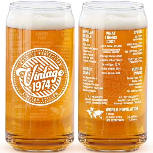 50th Birthday Gifts For Men - Birthday Beer Gifts 20 Ounce 2-Sided Beer Can Glass (1 Count) - Vintage Glass for a 50 Year Old - Funny Glass Gift for His or Her 50th Birthday - Anniversary Party (1974)