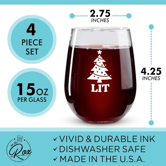 Funny Christmas Wine Glasses - 'Baked', 'Lit', 'Bottoms Up', 'Blitzened' Printed Stemless Wine Glass Set of 4 - Holiday Gifts for Her