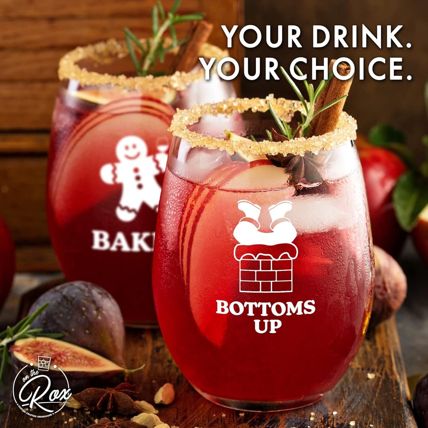 Funny Christmas Wine Glasses - 'Baked', 'Lit', 'Bottoms Up', 'Blitzened' Printed Stemless Wine Glass Set of 4 - Holiday Gifts for Her