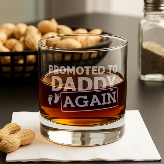 Promoted to Daddy Again Whiskey Glass, Personalized Pregnancy Announcement Gift for Dad, New Baby Reveal Gift for Husband, Engraved Glass