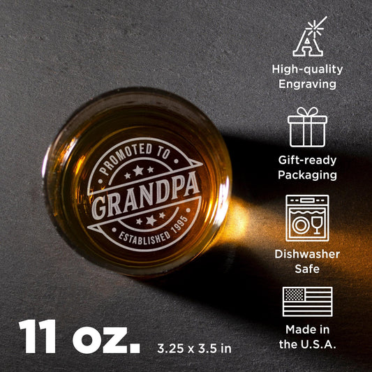 Promoted To Grandpa Whiskey Glass – Personalized Grandpa Gift – Custom Engraved Rocks Glass – Father’s Day, Birthday, Retirement