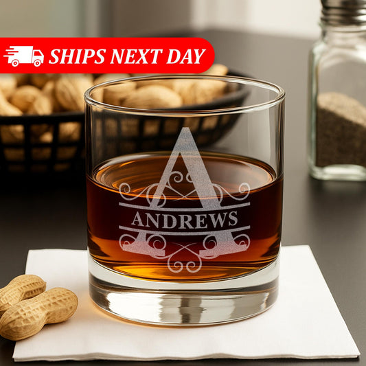 Personalized Whiskey Glass - Gift for Men - 11 oz Engraved Name and Monogram Scotch Glass - Customized Cocktail, Rocks, Brandy Glass