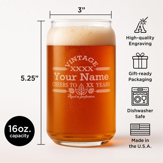 Engraved Customized Beer Can Glass-Vintage-Cheers-Aged to Perfection-Personalized Birthday Gift for Men and Women