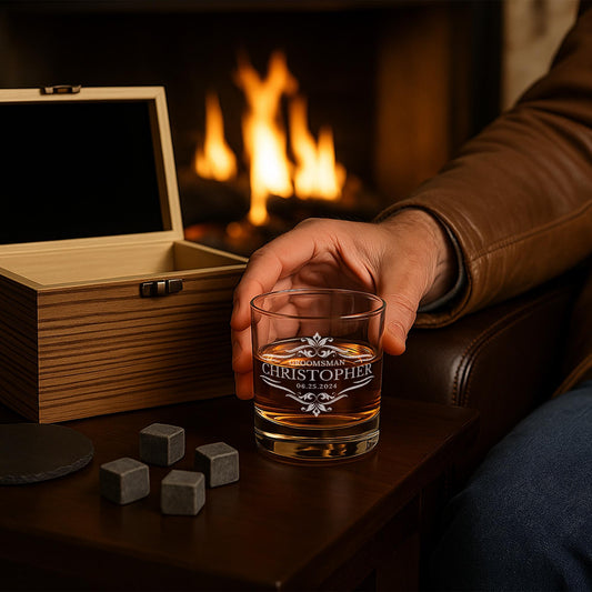 Personalized Groomsmen Whiskey Glass Gift Set – Custom Gift – Engraved 11 oz Scotch Glass with Slate Coaster, Chilling Stones & Wooden Box