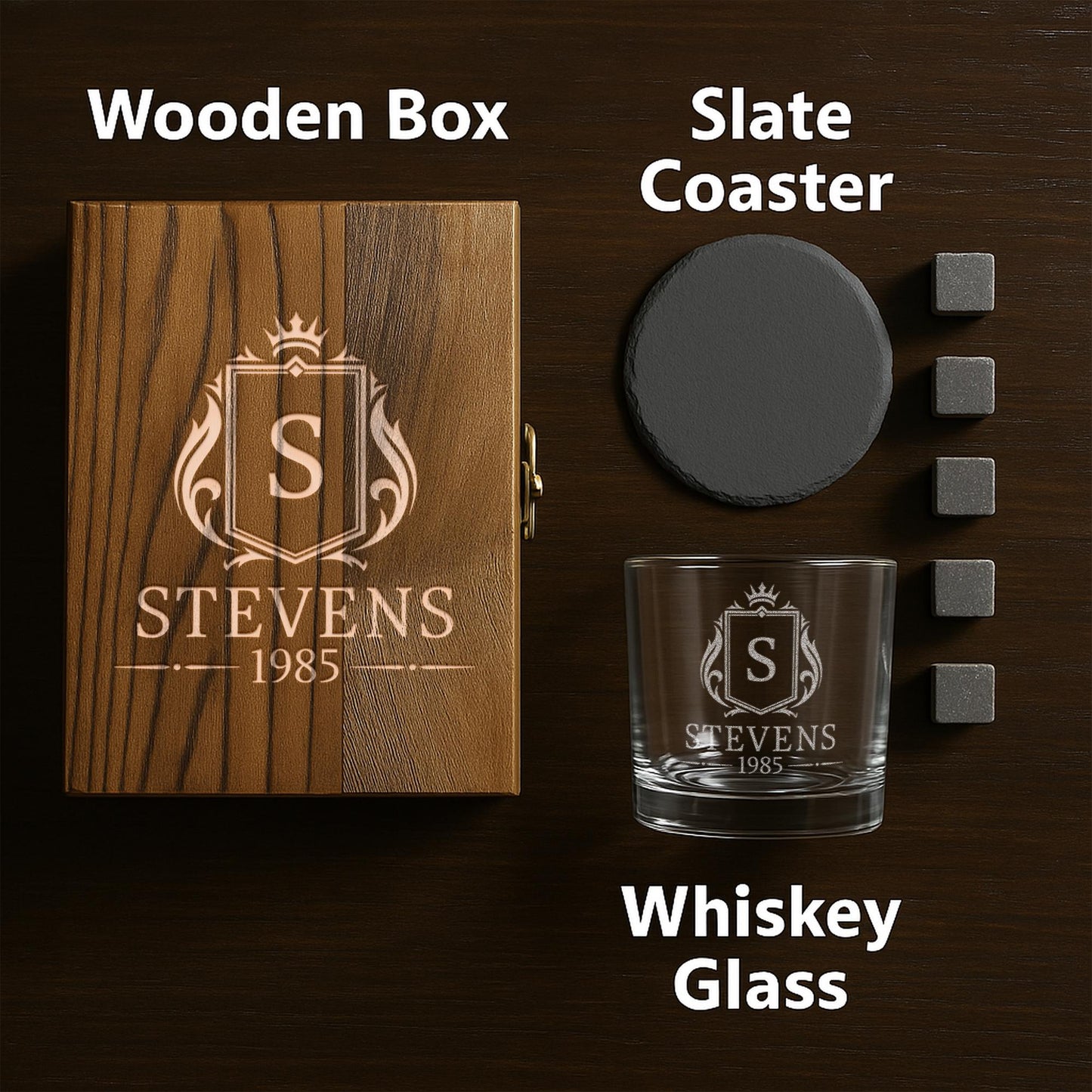 Personalized Wedding Gifts – 11 oz Engraved Bourbon Glass Set with Slate Coaster, Chilling Stones & Wooden Box – 4 Designs for Anniversary