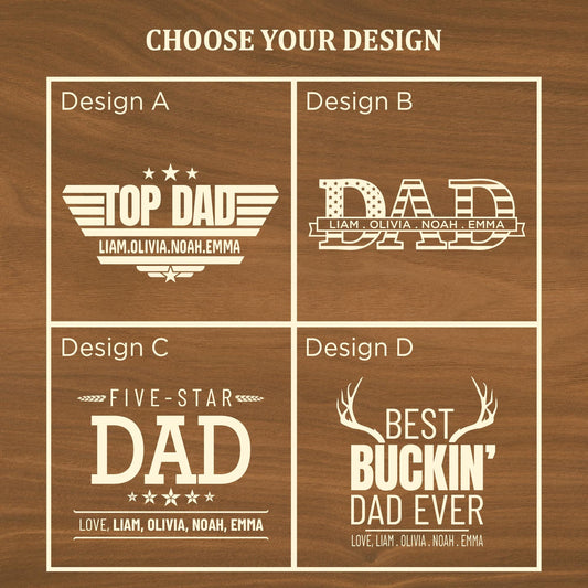 Personalized Whiskey Gifts for Dad – 11 oz Custom Engraved Glass with Slate Coaster, Chilling Stones & Wooden Box – 4 Custom Designs for Dad