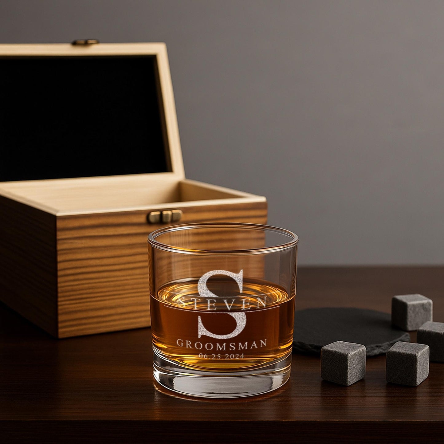 Personalized Groomsmen Whiskey Glass Gift Set – Custom Gift – Engraved 11 oz Scotch Glass with Slate Coaster, Chilling Stones & Wooden Box