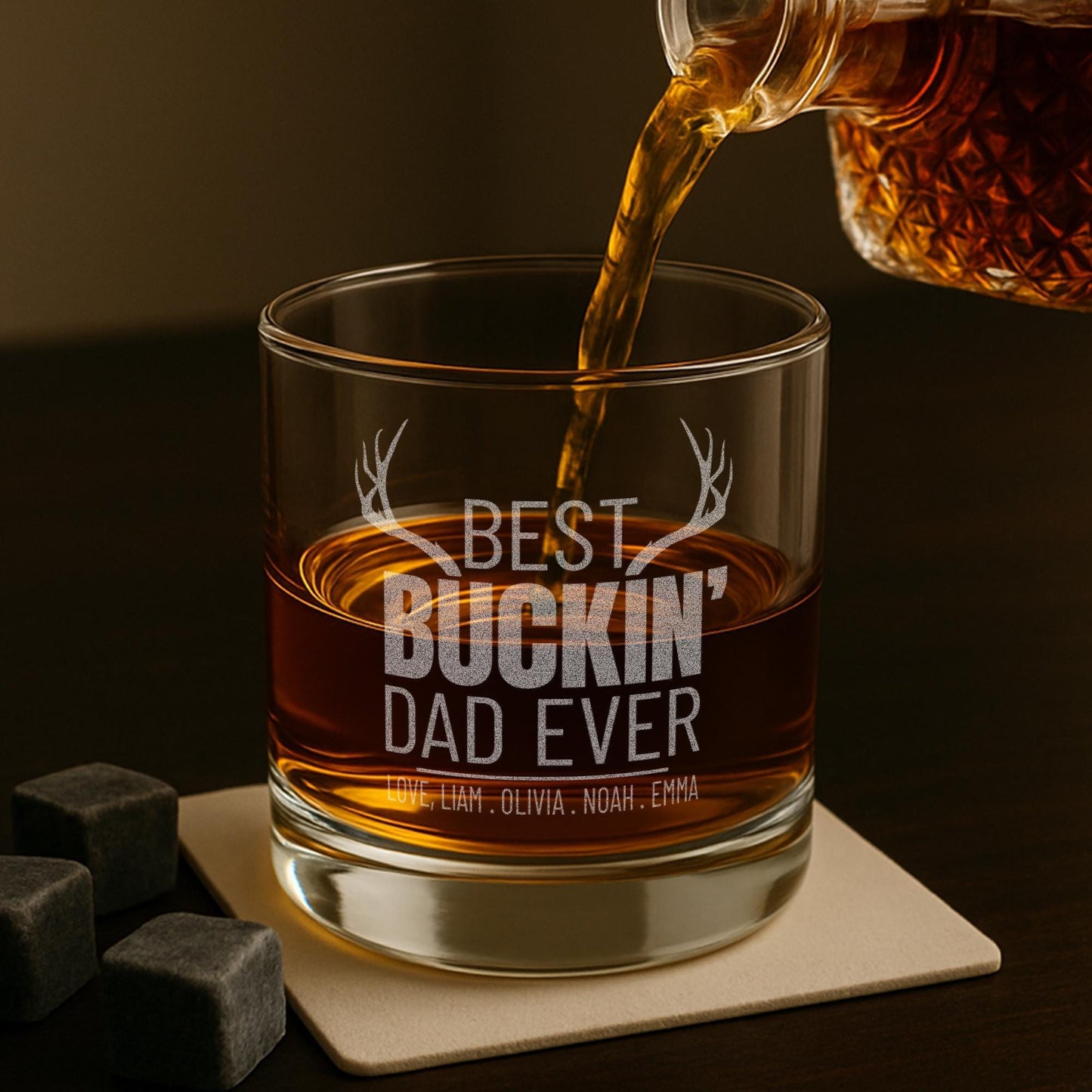 Personalized Whiskey Gifts for Dad – 11 oz Custom Engraved Glass with Slate Coaster, Chilling Stones & Wooden Box – 4 Custom Designs for Dad