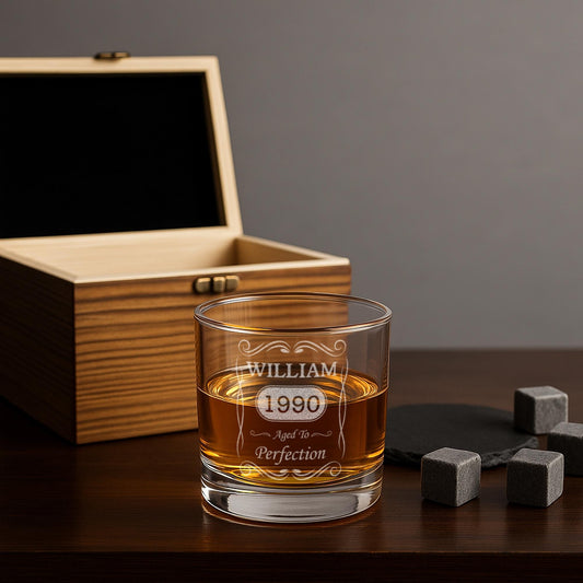 Personalized Vintage Birthday Gifts for Men – 11 oz Custom Engraved Bourbon Glass Set with Slate Coaster, Chilling Stones & Wooden Box