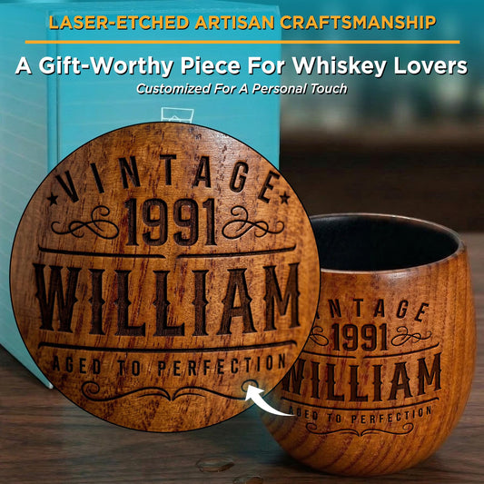 Birthday Wood Whiskey Glass-Birthday Gifts For Him-Charred Wood Bourbon Cup-Personalized Mens Gift-Birthday Gift For Dad, Boyfriend, Husband