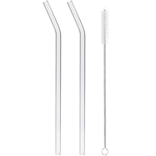 Reusable Glass Straw Set - 2pcs Bent Clear Glass Drinking Straws w/ Cleaning Brush, Reusable Straws for Smoothies, Milkshakes, Juice, Iced Coffee