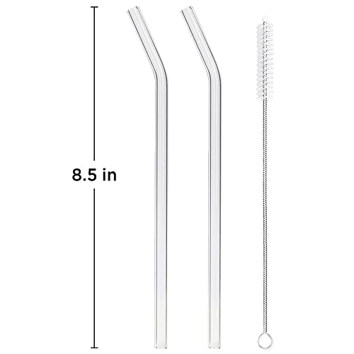 Reusable Glass Straw Set - 2pcs Bent Clear Glass Drinking Straws w/ Cleaning Brush, Reusable Straws for Smoothies, Milkshakes, Juice, Iced Coffee