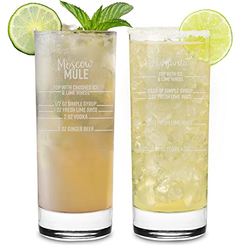 On The Rox Drinks Cocktail Recipe Highball Glasses - 15.75 Oz Cocktail Party Drinking Glasses, Set of 2 - Tall Tom Collins, Mixed Drink, Cocktail Glasses - Fancy Alcoholic Barware Glassware Drinkware