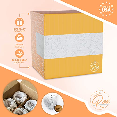 On The Rox Drinks Beer Can Glasses Set of 4- Can Shaped Beer Glass Cups - Holds 16 Oz- Cork Coasters Included in Set- Soda Pop Can Shaped Beer Glasses are Nucleated for Better Tasting Beer