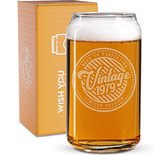 Aged to Perfection 1979 Birthday Gifts - 43rd Birthday Gifts for Women Men Born in 1979 - 16 Oz Engraved Vintage Beer Can Glass - For 43 Year Old - Back in the Day 1979 Bday Card and Candy Decorations