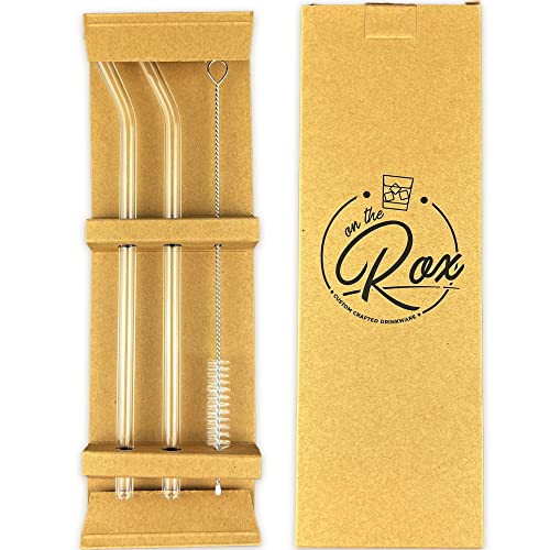 Reusable Glass Straw Set - 2pcs Bent Clear Glass Drinking Straws w/ Cleaning Brush, Reusable Straws for Smoothies, Milkshakes, Juice, Iced Coffee