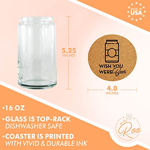 On The Rox Drinks Beer Can Glasses Set of 4- Can Shaped Beer Glass Cups - Holds 16 Oz- Cork Coasters Included in Set- Soda Pop Can Shaped Beer Glasses are Nucleated for Better Tasting Beer