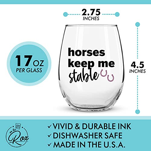 Horse Gifts for Horse Lovers - “Horses Keep Me Stable” “I’d Rather Be At The Barn” 17Oz 2PC Stemless Wine Glass Set, Colored - Funny Horse Gifts For Women - Horse Cup/Tumbler for Horse Lovers
