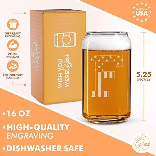 Monogram Beer Glasses for Men (A-Z) 16 oz - Beer Gifts for Men Brother Son Dad Neighbor - Unique Gifts for Him - Personalized Drinking Gift Beer Glass Mugs - Engraved Beer Can Glass ( F )