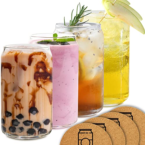 On The Rox Drinks Beer Can Glasses Set of 4- Can Shaped Beer Glass Cups - Holds 16 Oz- Cork Coasters Included in Set- Soda Pop Can Shaped Beer Glasses are Nucleated for Better Tasting Beer