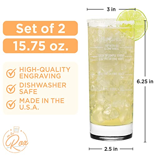 On The Rox Drinks Cocktail Recipe Highball Glasses - 15.75 Oz Cocktail Party Drinking Glasses, Set of 2 - Tall Tom Collins, Mixed Drink, Cocktail Glasses - Fancy Alcoholic Barware Glassware Drinkware