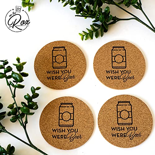On The Rox Drinks Beer Can Glasses Set of 4- Can Shaped Beer Glass Cups - Holds 16 Oz- Cork Coasters Included in Set- Soda Pop Can Shaped Beer Glasses are Nucleated for Better Tasting Beer
