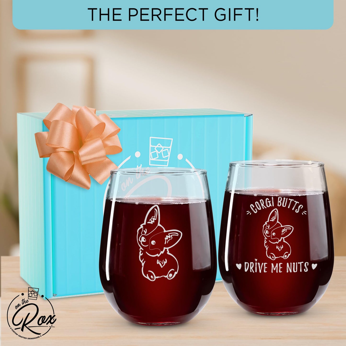 On The Rox Drinks Corgi Gifts for Corgi Lovers - Corgi B*tts Drive Me Nuts Stemless Wine Glass Set of 2 - Corgi Tumbler, Corgi Decor, Corgi Stuff - Corgi Wine Glass