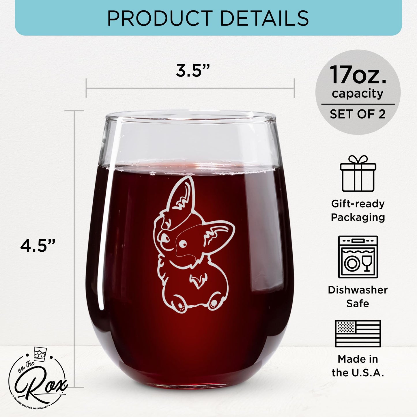 On The Rox Drinks Corgi Gifts for Corgi Lovers - Corgi B*tts Drive Me Nuts Stemless Wine Glass Set of 2 - Corgi Tumbler, Corgi Decor, Corgi Stuff - Corgi Wine Glass