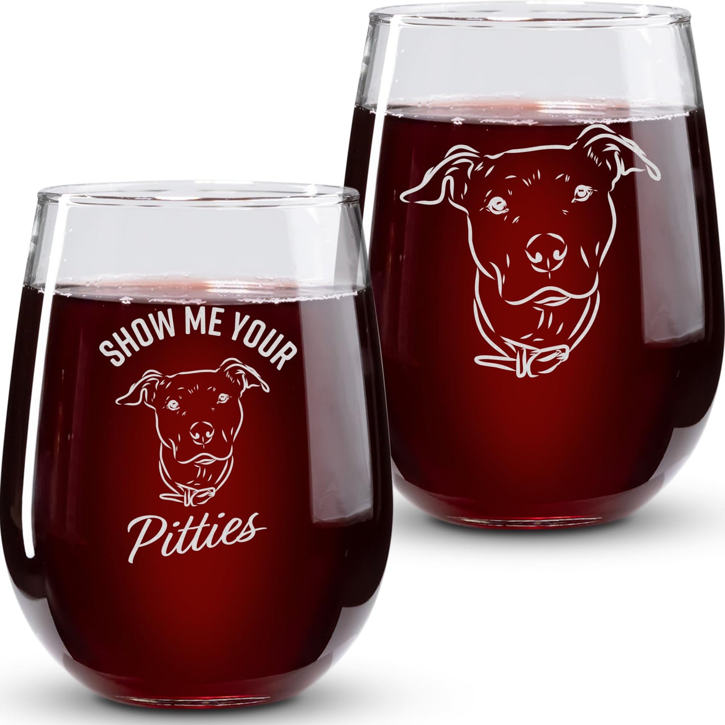 On The Rox Drinks Wine Pitbull Gifts for Pitbull Lovers - Show Me Your Pitties Stemless Wine Glass Set of 2- Funny Pit Bull Dog Lover Gifts for Mom, Grandma - Cute Pet Wine Glasses for Women