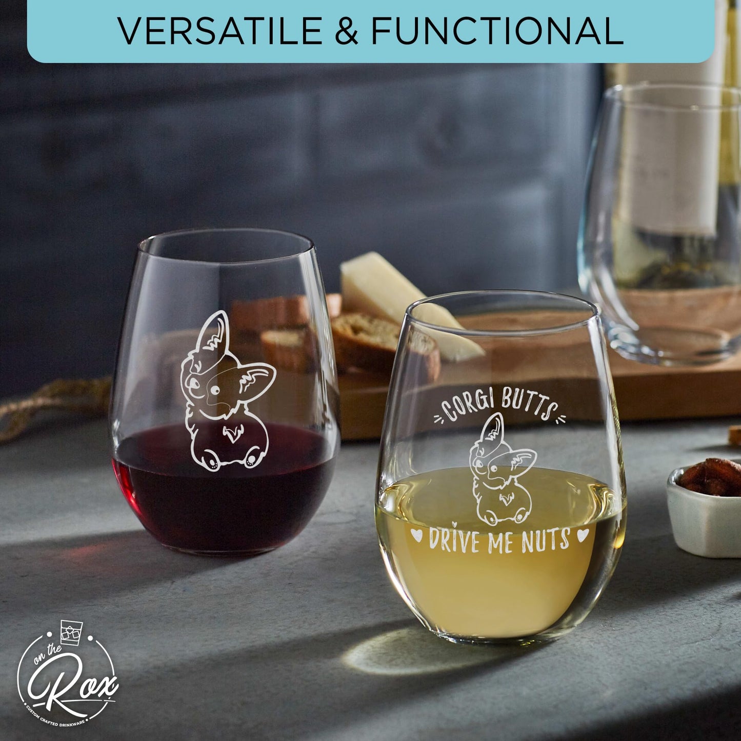 On The Rox Drinks Corgi Gifts for Corgi Lovers - Corgi B*tts Drive Me Nuts Stemless Wine Glass Set of 2 - Corgi Tumbler, Corgi Decor, Corgi Stuff - Corgi Wine Glass