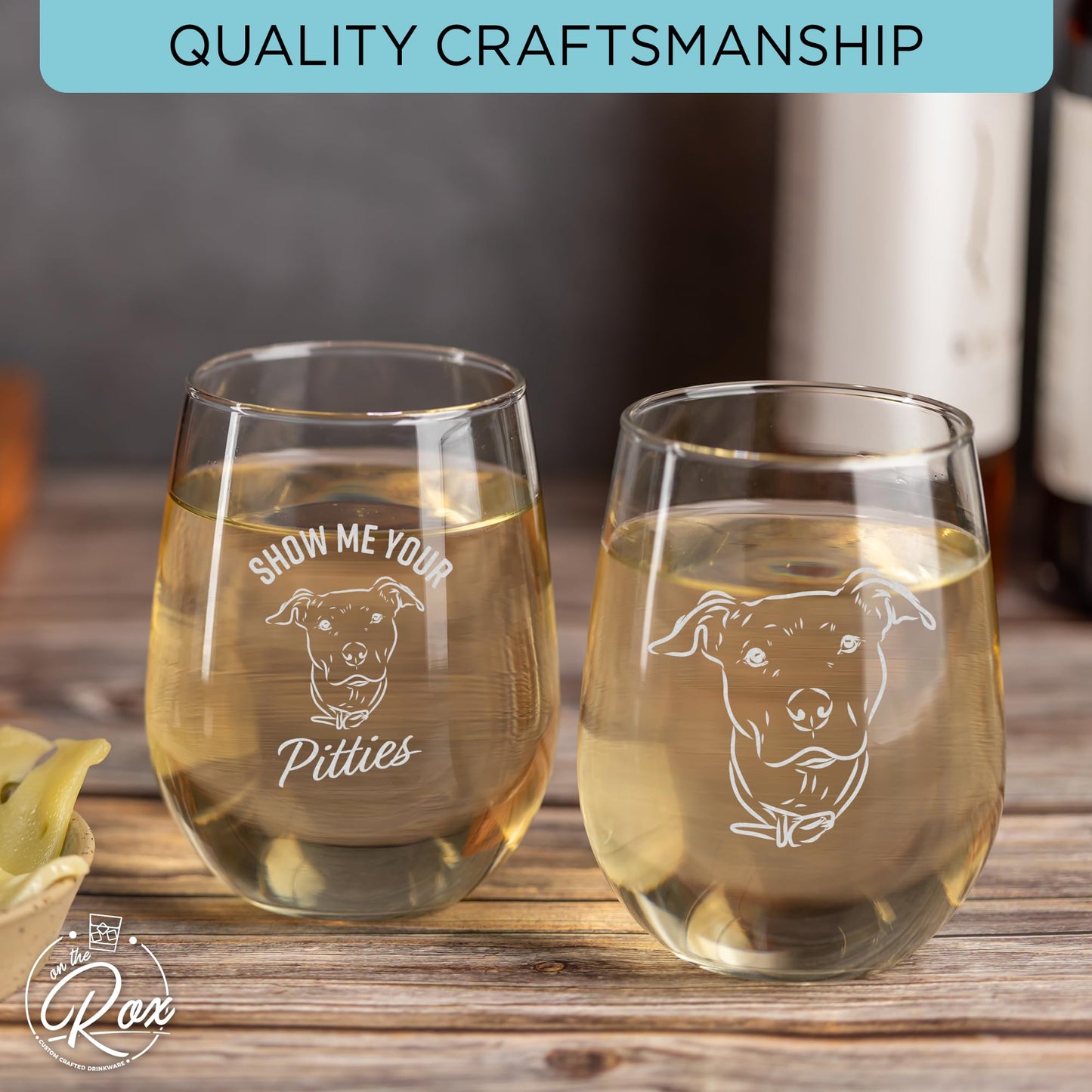 On The Rox Drinks Wine Pitbull Gifts for Pitbull Lovers - Show Me Your Pitties Stemless Wine Glass Set of 2- Funny Pit Bull Dog Lover Gifts for Mom, Grandma - Cute Pet Wine Glasses for Women