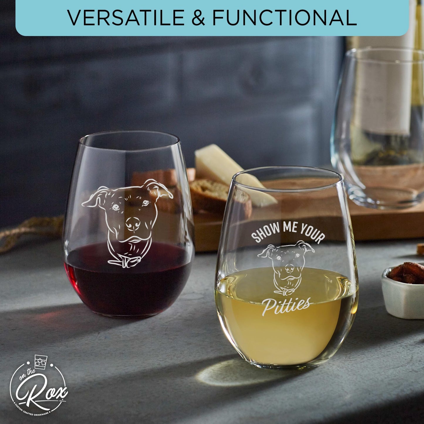 On The Rox Drinks Wine Pitbull Gifts for Pitbull Lovers - Show Me Your Pitties Stemless Wine Glass Set of 2- Funny Pit Bull Dog Lover Gifts for Mom, Grandma - Cute Pet Wine Glasses for Women