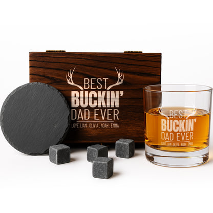 Personalized whiskey glass and box set with 'Best Buckin' Dad Ever' engraving, slate coaster, whiskey stones.