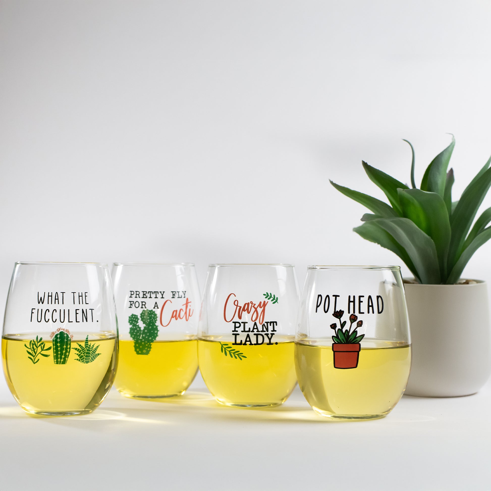 Set of four stemless wine glasses with funny succulent and cactus quotes, next to a potted plant.