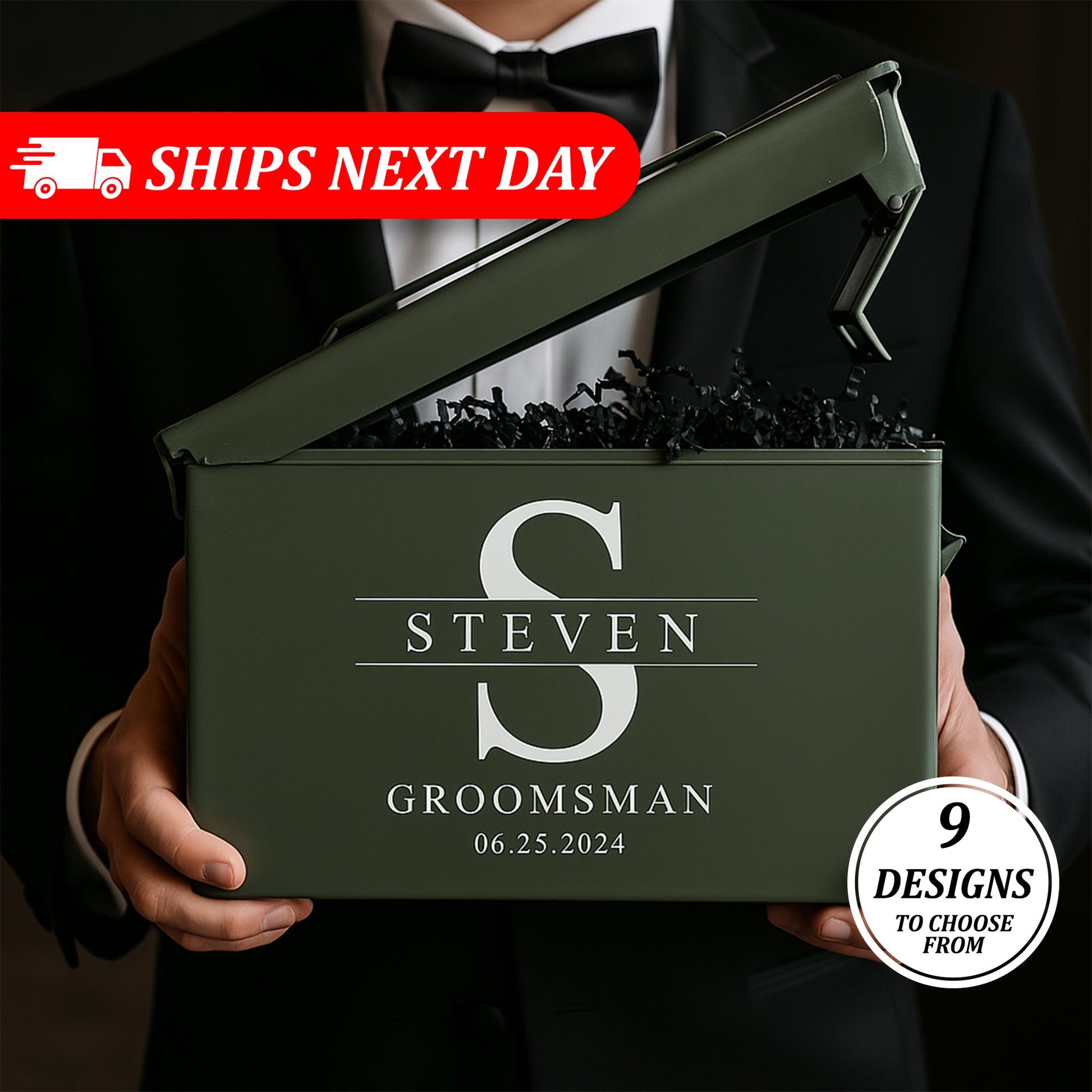 Personalized groomsman gift box in green with custom name, held by man in tuxedo.