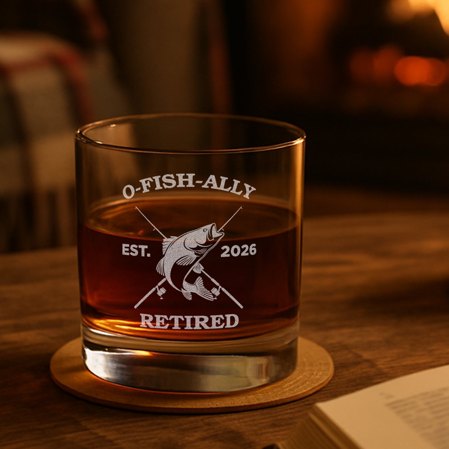 O'Fishally Retired Personalized Whiskey Glass - Funny Fishing Retirement Gift for Men - Engraved Rocks Glass for Dad or Grandpa