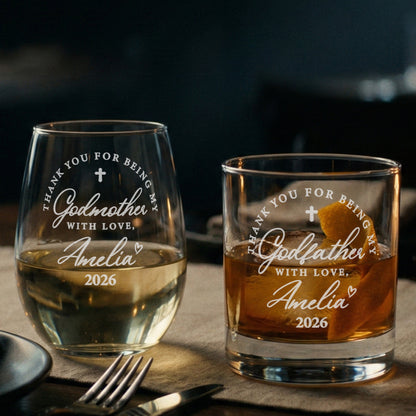 Personalized Godparent Gift Set - Custom Engraved Godmother Wine & Godfather Whiskey Glass - Baptism Proposal & Thank You Gift