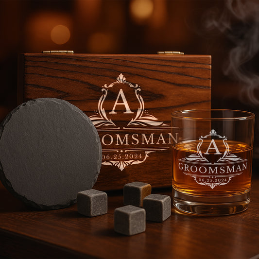Personalized groomsman whiskey glass, wooden gift box, stone coaster, and whiskey stones
