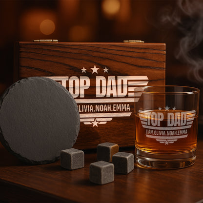 Personalized whiskey glass gift set for dad with engraved wooden box, coaster, and whiskey stones.
