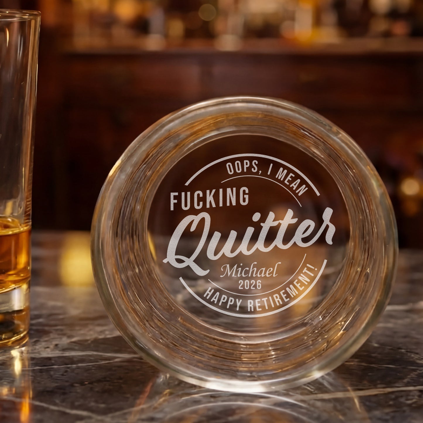 Funny Retirement Whiskey Glass - Bottom Engraved Hidden Message Gift - Custom Retired Coworker & Boss Keepsake