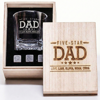 Personalized five-star dad whiskey glass gift set in engraved wooden box with whiskey stones
