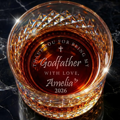 Custom Godfather Whiskey Glass - Hidden Bottom Engraved Message - Personalized Godfather Proposal & Baptism Gift - 11oz Heavy Base Rocks Glass