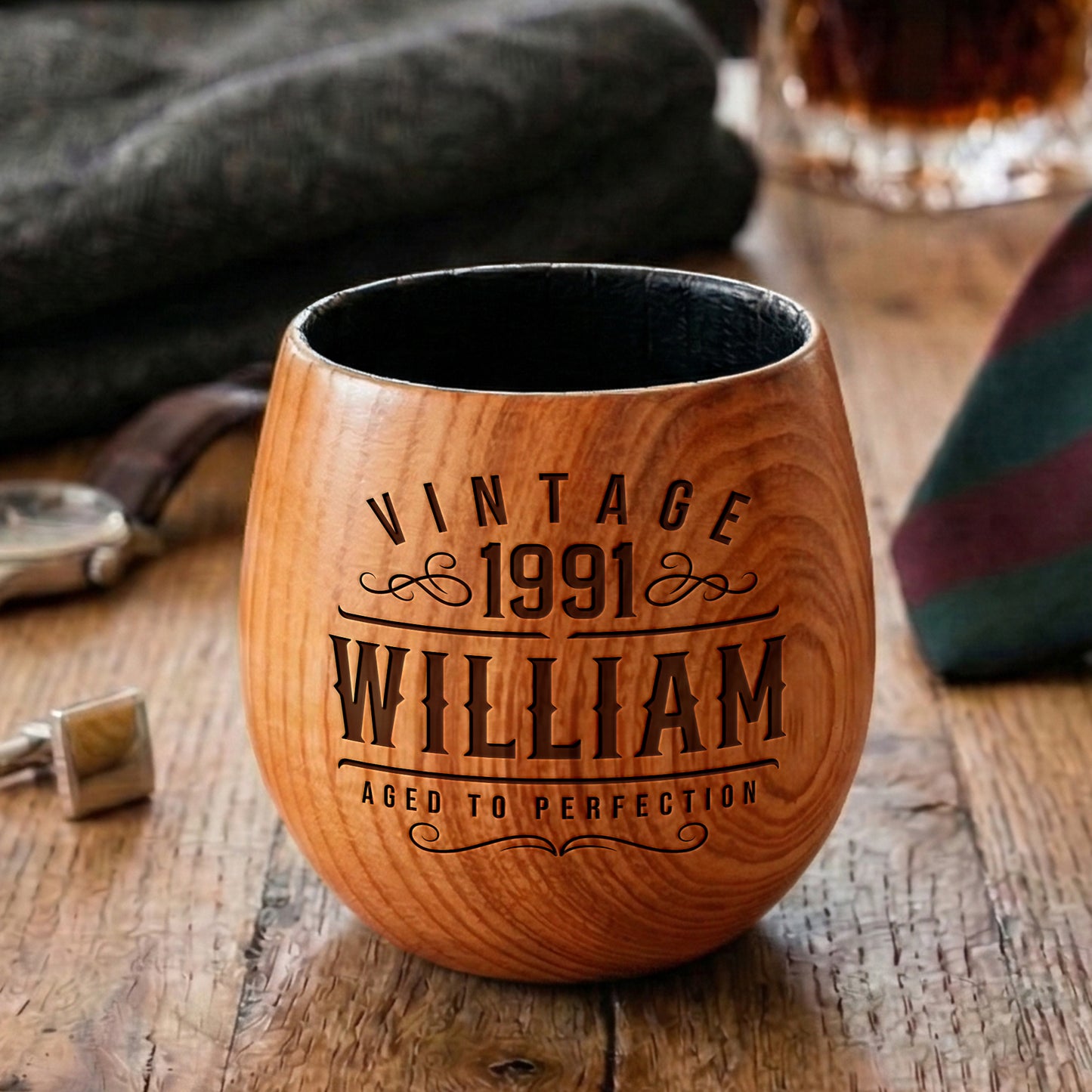 Personalized Birthday Wood Whiskey Cup - Custom Engraved Charred Oak Bourbon Glass - Shatterproof & No-Sweat Gift for Dad, Husband, or Boyfriend