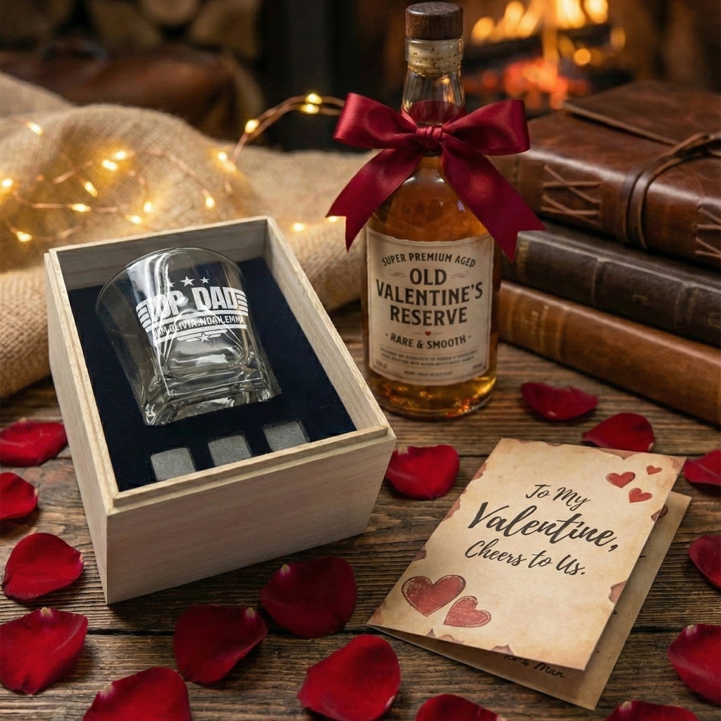 Whiskey gift set with engraved glass, bottle, rose petals, and Valentine's card on rustic table.