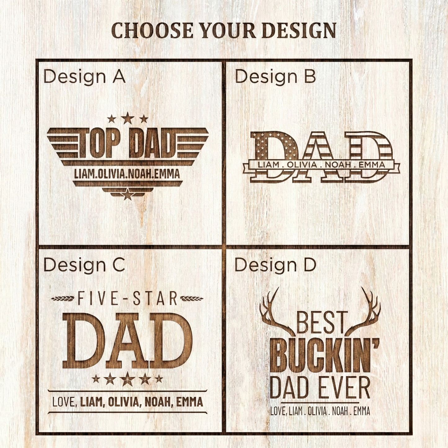 Four custom engraved wood designs for dad gifts, each featuring unique text and fonts.
