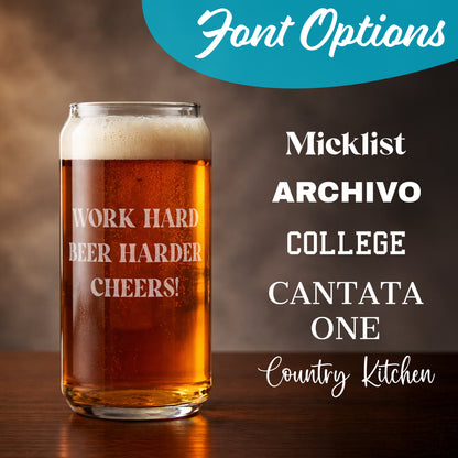 Custom Engraved Beer Can Glass - 20oz Personalized Soda & Beer Glass - Groomsmen Gift & Custom Father's Day Glassware