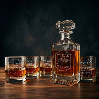 Personalized Father’s Day Whiskey Decanter Set - Custom Engraved "Dad" Decanter with Kids' Names - Funny & Sentimental Bourbon Gift for Him